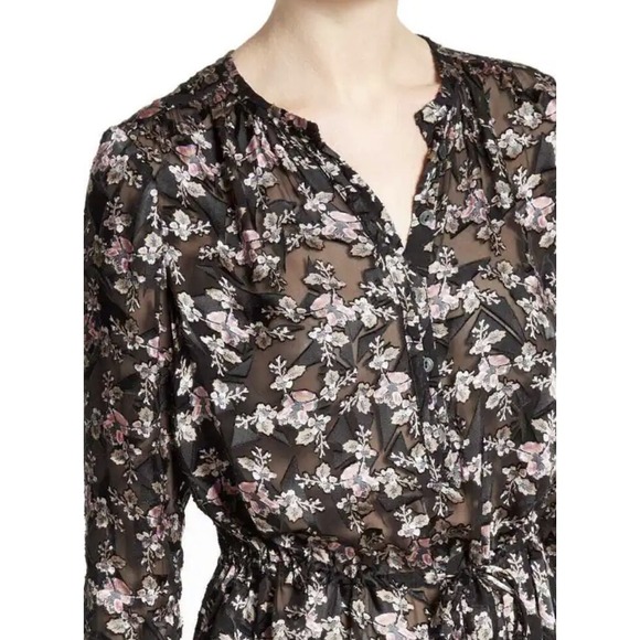 Rebecca Taylor Tops - Rebecca Taylor Silk Blend Floral Burnout Blouse Black Pink Drawstring Top 2